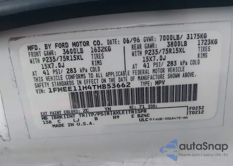 1996 Ford Econoline E150 из США, поврежденный, VIN 1FMEE11H4THB53662